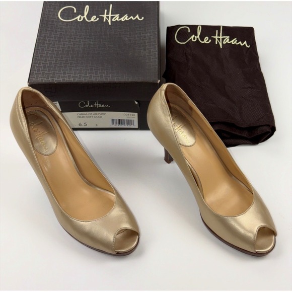 Cole Haan Womens Size 6.5Carma Air Peep Toe Heels Gold Leather Pumps US Designer - Picture 1 of 7